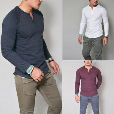 

Fashion Mens Slim Fit V Neck Long Sleeve Muscle Tee T-shirt Casual Tops Blouse