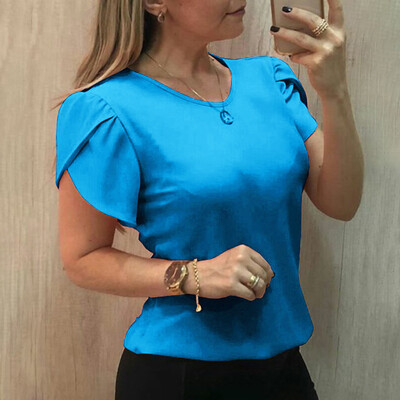 

Nomeni Womens Summer Short Sleeve Shirt Solid O-neck Casual Blouse Tops