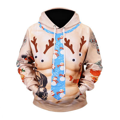 

Christmas Autumn Winter Casual Hooded Hoodies 3D Print Cartoon Reindeer Loose Sweatshirts For Men