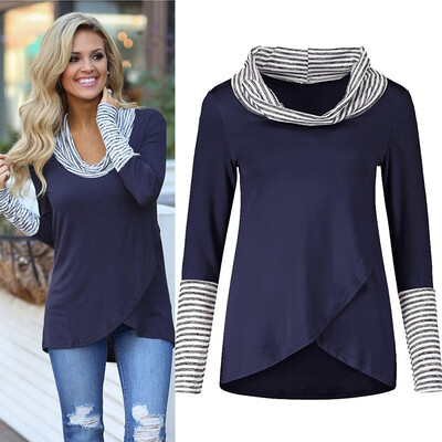 

Women Striped Print Turtleneck Colorblock Long Sleeve Summer Loose Casual Simple Wild T-Shirt