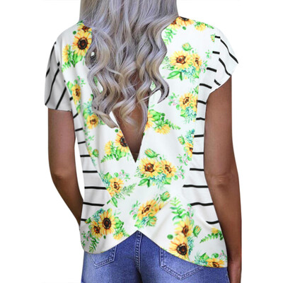 

Starmoon Fashion Women Sexy Loose Short Sleeve V-neck Printed Open Back T-Shirt Blouse