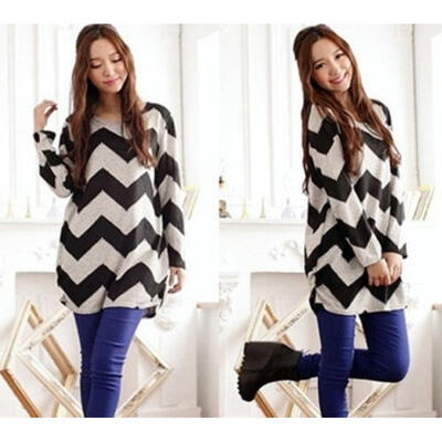 

Women Casual Loose Crewneck Stripe Sweater Soft Knitwear Sweater Hoody Long Sleeve Tops