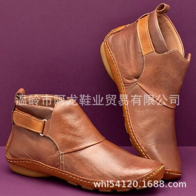 

Independent station 2019 autumn&winter new womens shoes retro handmade PU leather fashion Velcro flat boots womens large siz