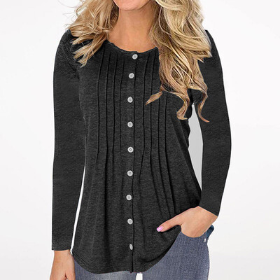 

Autumn Winter Fashion Casual Women Cotton O-neck Long sleeve Button-down T-shirt