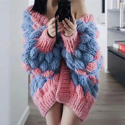

Toponeto Women Casual Puff Sleeve Knit Cardigan Sweater Outerwear Loose Splice Coat