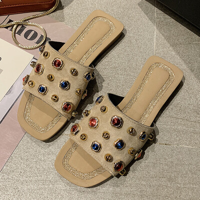 

Korean version of womens summer fashion rhinestone ins port wind flat bottom drag beach slippers