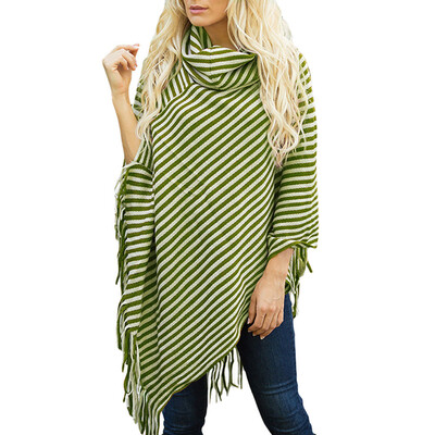 

Roseonmyhand Women Diagonal Striped High Collar Fringed Cloak Sweater Shawl