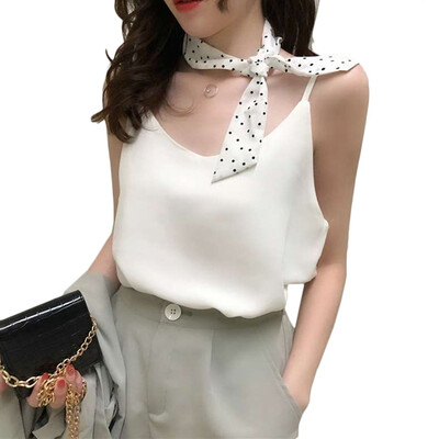 

Summer Casual Sleeveless Shirt Solid Color Loose Tunic Tops Sweet Basic Chiffon V-Neck Camisole