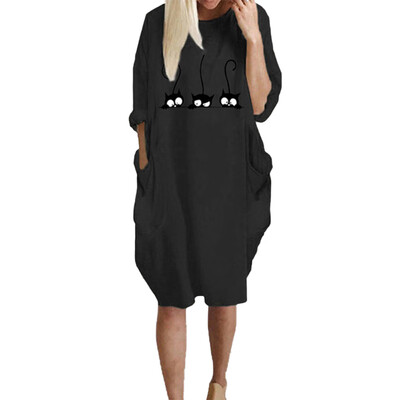 

New Autumn Fashion Women Casual Cartoon Print Loose Dress With Pocket Long Sleeve Midi Dress