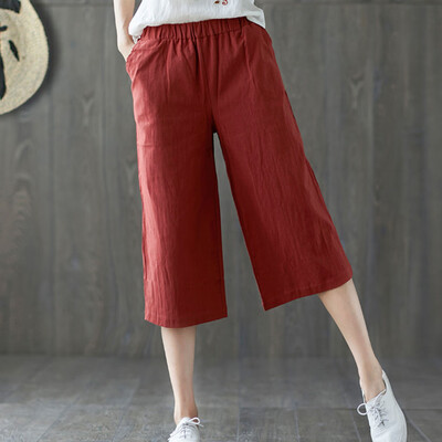 

Tailored Trendy Women Loose Pants Casual Pocket Cotton Linen Pants Calf-length Trouser