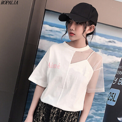 

Womens Round Neck Letter Print Mesh Stitching Short Sleeve T-Shirt Patchwork Korean Style Polyester Tops