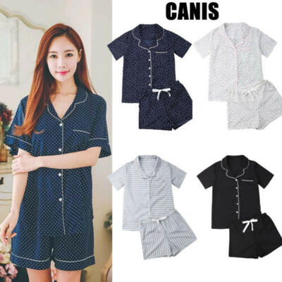 

US Women Cotton Pajamas Sets Summer Short Sleeve ShirtsPants Homewear Sleepwear