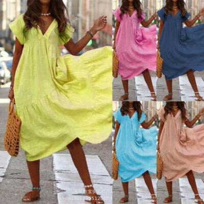 

Women Boho Cotton Linen Tunic Short Sleeve Maxi Dress Gypsy Casual Shirt Kaftan