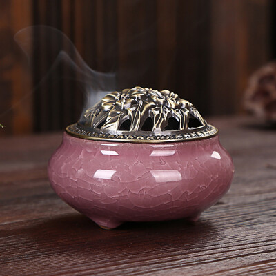 

Ceramic Ice Crack Porcelain Aromatherapy Diffuser Sandalwood Censer With Copper Cover For Buddhist Relax Porcelain Incense Burner