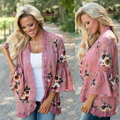 

Plus Size Women Holiday Lace Floral Kimono Cardigan Ladies Summer Tops Blouse