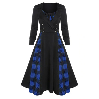 

Tailored Fashion Womne Plus Size Plaid Print Mock Button Faux Twinset Midi Vintage Dress