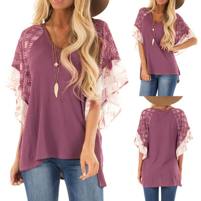 

Nomeni Women V-Neck Short Sleeve Pure Color Splicing Tops Loose T-Shirt Blouse