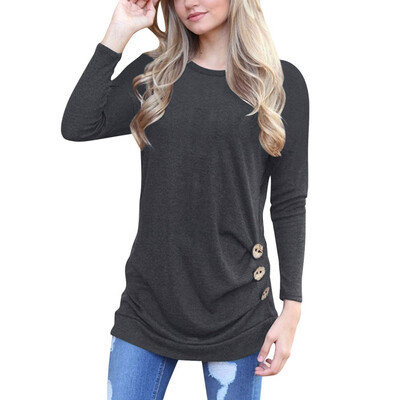 

Women T Shirts Batwing Sleeve O-Neck Button T Shirt Women Autumn Long Sleeve Solid Casual Tshirt Tops Female