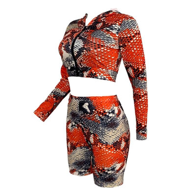 

Women Two Piece Suit Crop Top Shorts Colorful Snakeskin Print Hooded Neckline Long Sleeve High Waist Sexy Pubwear