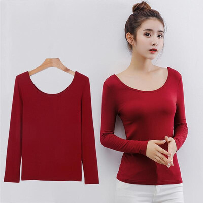 

Fashion Women Modal Bottom T-shirt Long Sleeve O-neck Solid Color Stretch Thin Slim Basic Tee Tops Casual Pullovers Blouse