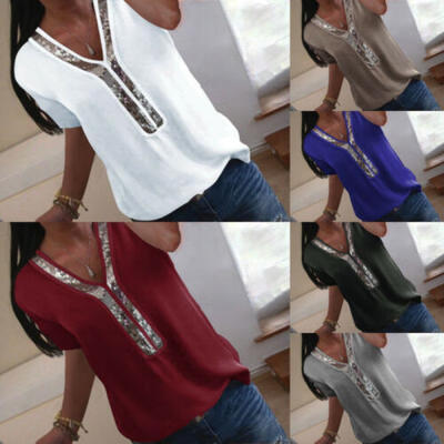 

Women Summer Chiffon Short Sleeve Casual Shirt Solid Color Tops Blouse T-Shirt