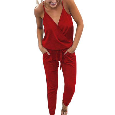 

EFINNY Womens V Neck Spaghetti Strap Drawstring Waisted Long Pants Jumpsuit Rompers