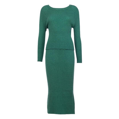 

Sexy Women Two-piece Set Knitted Sweater Long Sleeve Slim Bodycon Midi Skirt Split Winter Suits Outfits GreenBlackRed