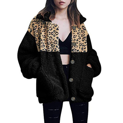 

Toponeto Women Winer Plus Size Jacket Warm Leopard Splice Outwear Plush Pocket Long Coat