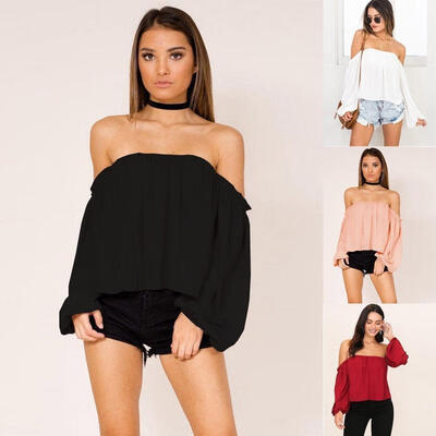 

Women Off Shoulder Loose Blouse Strapless T-Shirt Casual Summer Tee Tops