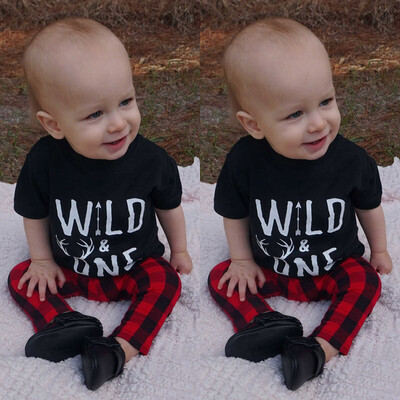 

1Set Infant Kids Baby Boy Short Sleeve T-shirtPlaid Pants 2PCS Outfits Clothes