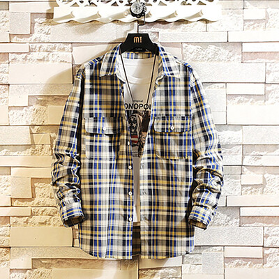 

Tailored Mens Autumn New Casual Fashion Plaid loose Lapel Long Sleeve Shirt Tops