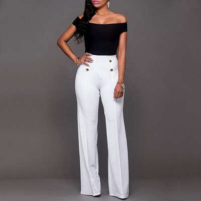 

Women Casual Stretch Trousers Female Solid Elastic Work High Waist Decorative Buttons Loose Slim Straight Pants Women 5 Colors