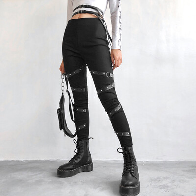 

Women Solid Gothic Punkt Casual Loose Elastic Trousers Pockets Rivet Full Pants