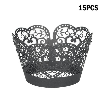 

15pcsset Paper Cupcake Wrappers Laser Cut Lace Cake Cup Liners Trays Baking Decorations Supplies--Black