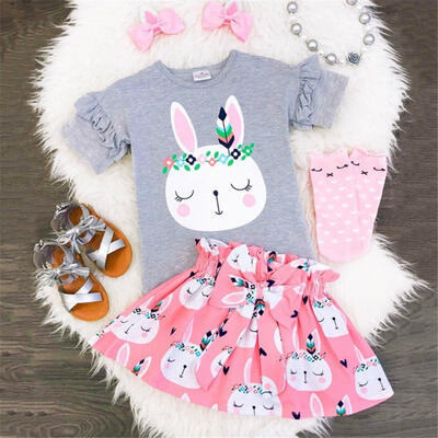 

Toddler Kids Baby Girls Bunny Print Tops T-shirtBowknot Skirt Dress Outfits Set