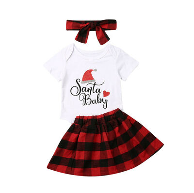

My First Christmas Newborn Baby Girl Tops BodysuitPlaids Tutu Skirt 3PCS Outfit