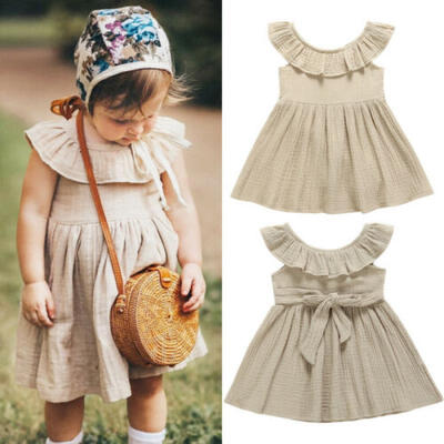 

US Toddler Kids Baby Girl Summer Cotton&Linen Solid Party Dress Casual Clothes