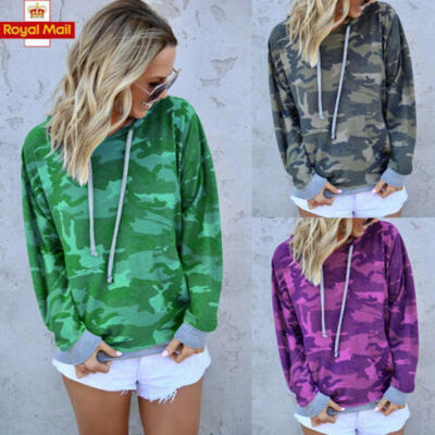

Womens Long Sleeve Camo Hooded Sweatshirt Ladies Casual Pullover Hoodies Tops UK