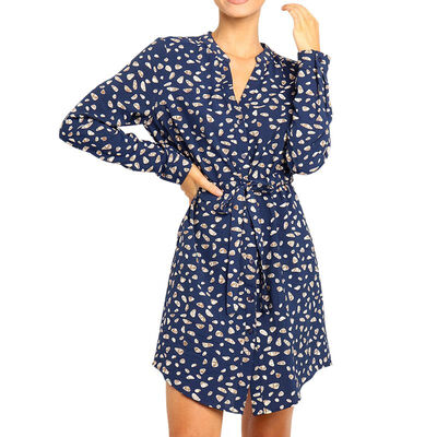

Women Autumn Concise Casual All-match Long Sleeve Printed V-neck Sweet Lace-up Dress