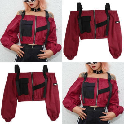 

Womens Wine Red Hip Hop Cold Shoulder Zipper Evening Party Casual Loose Tops