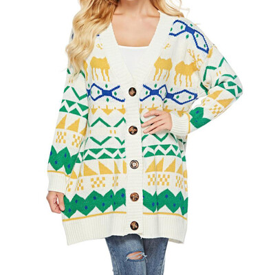 

Toponeto Women Knitted Printing V Neck Long Sleeve Button Loose Sweater Pullover Coat BU