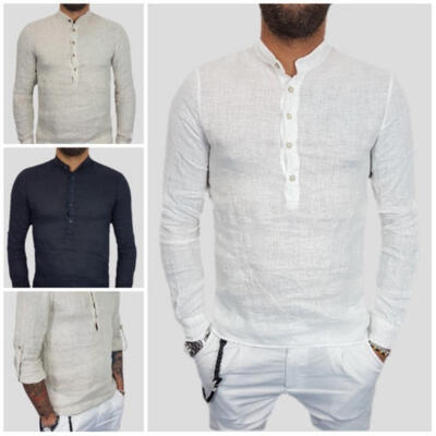 

Hot Men&acutes Linen Shirts V-neck Summer Casual Shirt Loose Plain Basic Casual Tops