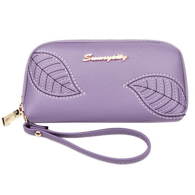 

Leaf Embroidery Women Long Purse Phone Cash Holder Faux Leather Clutch Wallet