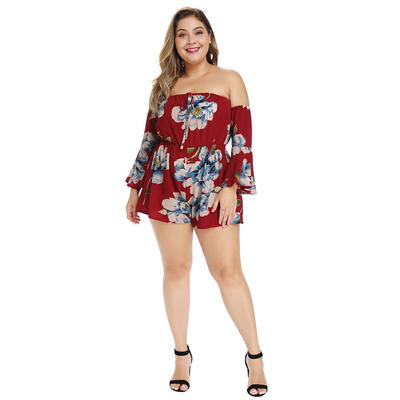 

Sexy Large Size Print Jumpsuit Off Shoulder Women Flare Loose Playsuits