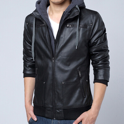 

Mens Hooded PU Leather Jackets Zipper Slim Fit Biker Motorcycle Jacket Coat Top
