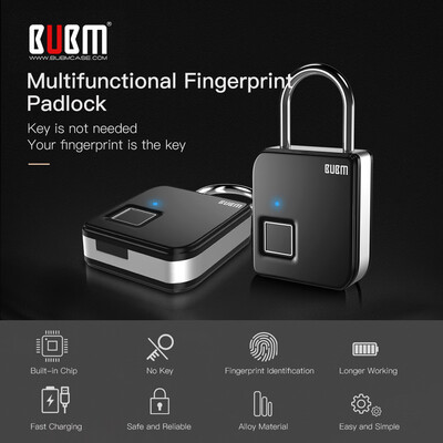 

BUBM Smart Fingerprint Padlock Portable Intelligent Lock with 10 Fingerprint Recordings IP65 Waterproof USB Rechargeable Luggage a