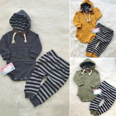 

Newborn Baby Boy Hooded Tops Romper Striped Pants Leggings Outfits Set Clothes