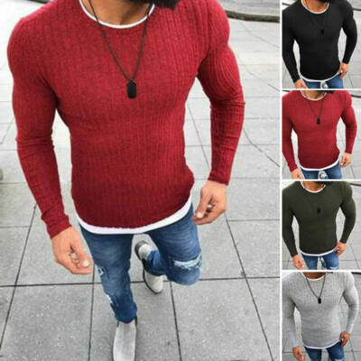 Mens Autumn Slim Shirts Pullover Jumper Round Neck O-neck Knit Sweater Tops