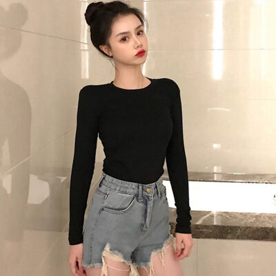 

Korean Harajuku Long-sleeved Bottoming Shirt Women Solid Color Slim Bottoming Women Shirts