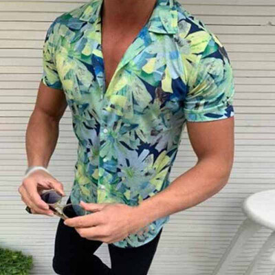 

Mens Casual Slim Fit Hawaiian Style Shirts Floral Print Tops Button Down T-shirt